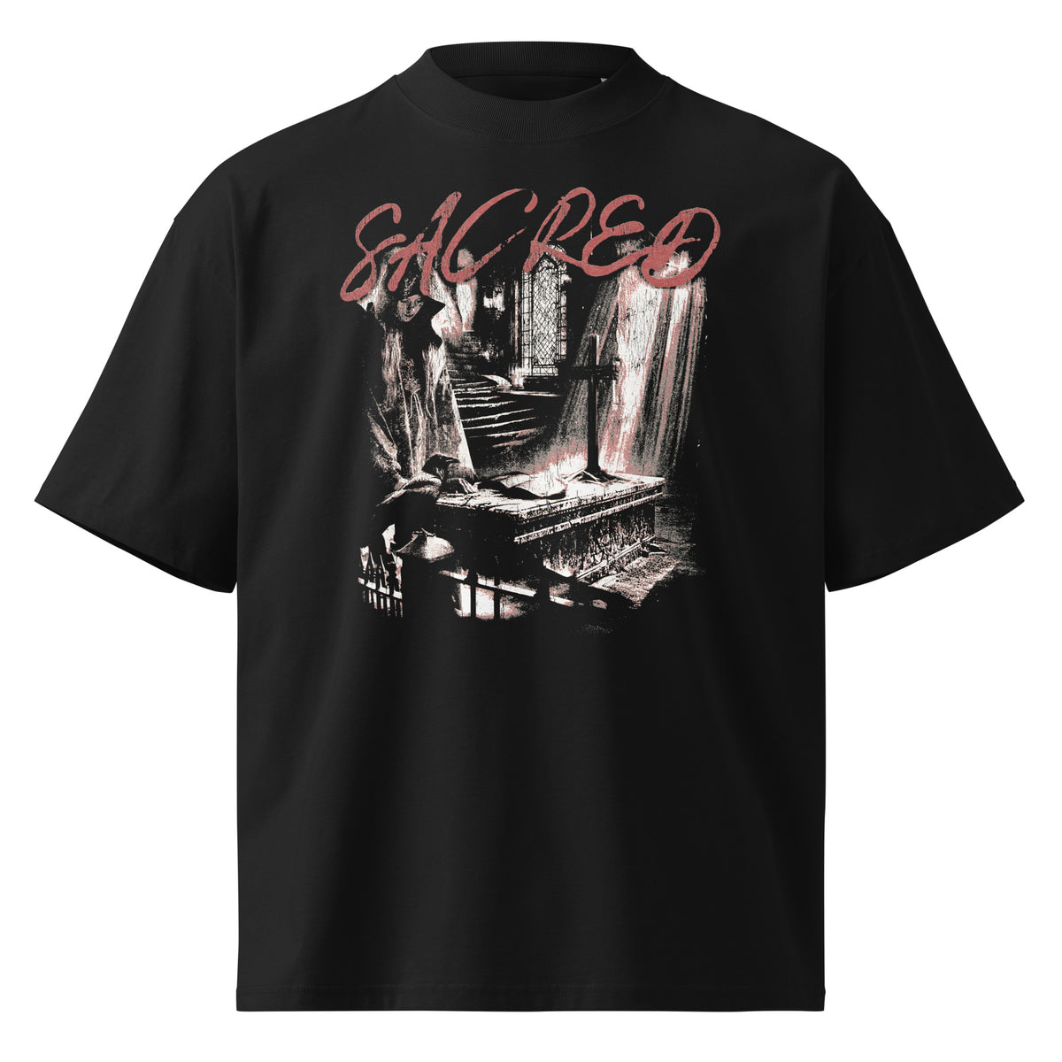 Sacred black oversized T-shirt with gothic graphic - front view
