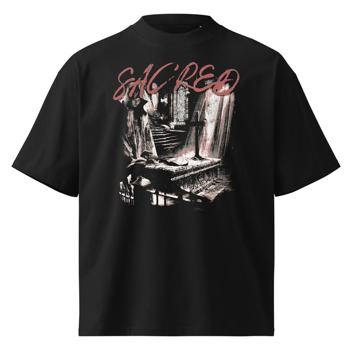 Sacred black oversized T-shirt with gothic graphic - front view