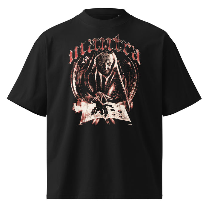 Mantra black oversized T-shirt with gothic graphic - front view