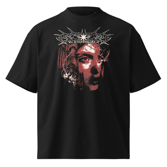 You Just Never Saw It black oversized T-shirt with gothic graphic - front view