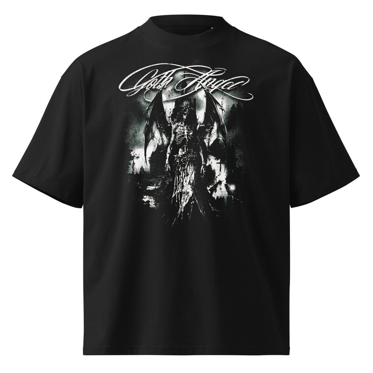 Goth Angel black oversized T-shirt with gothic graphic - front view