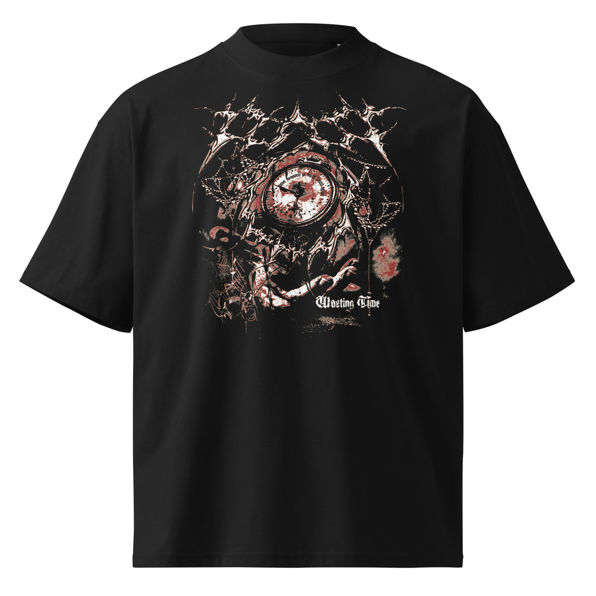 Wasting Time black oversized T-shirt with gothic graphic - front view