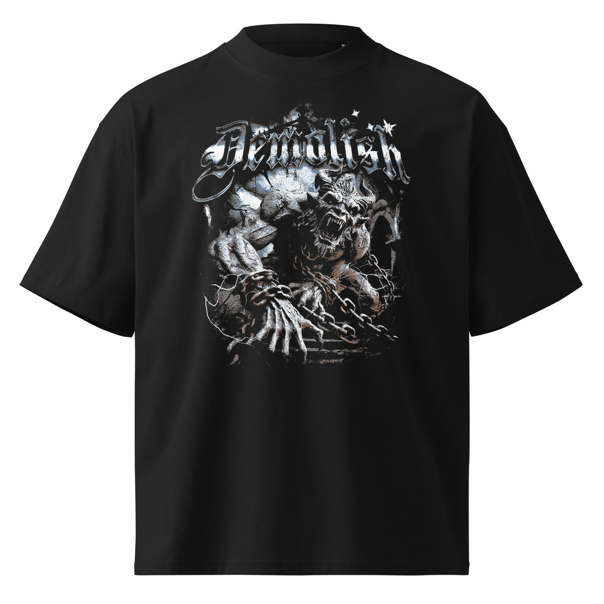 Demolish black oversized T-shirt with gothic graphic - front view
