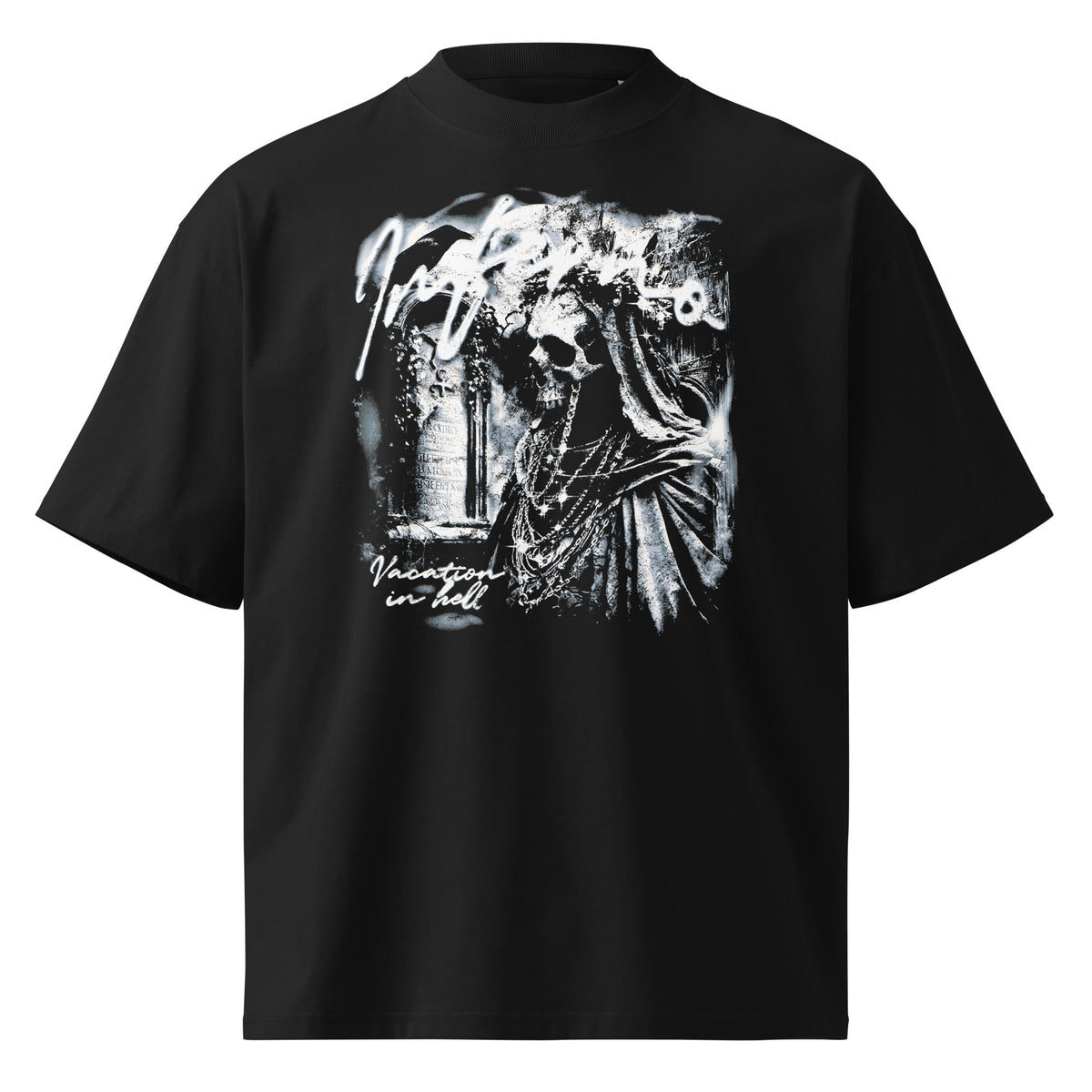 Vacation black oversized T-shirt with gothic graphic - front view