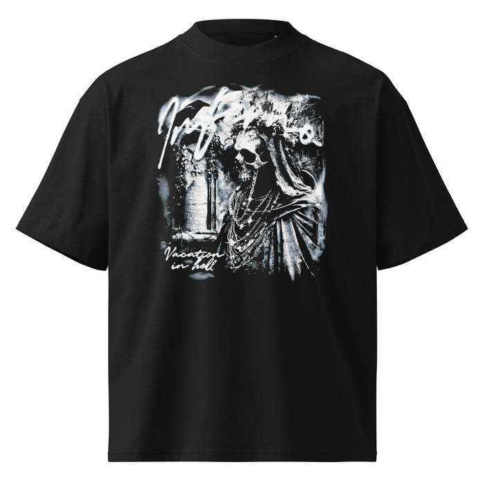 Vacation black oversized T-shirt with gothic graphic - front view