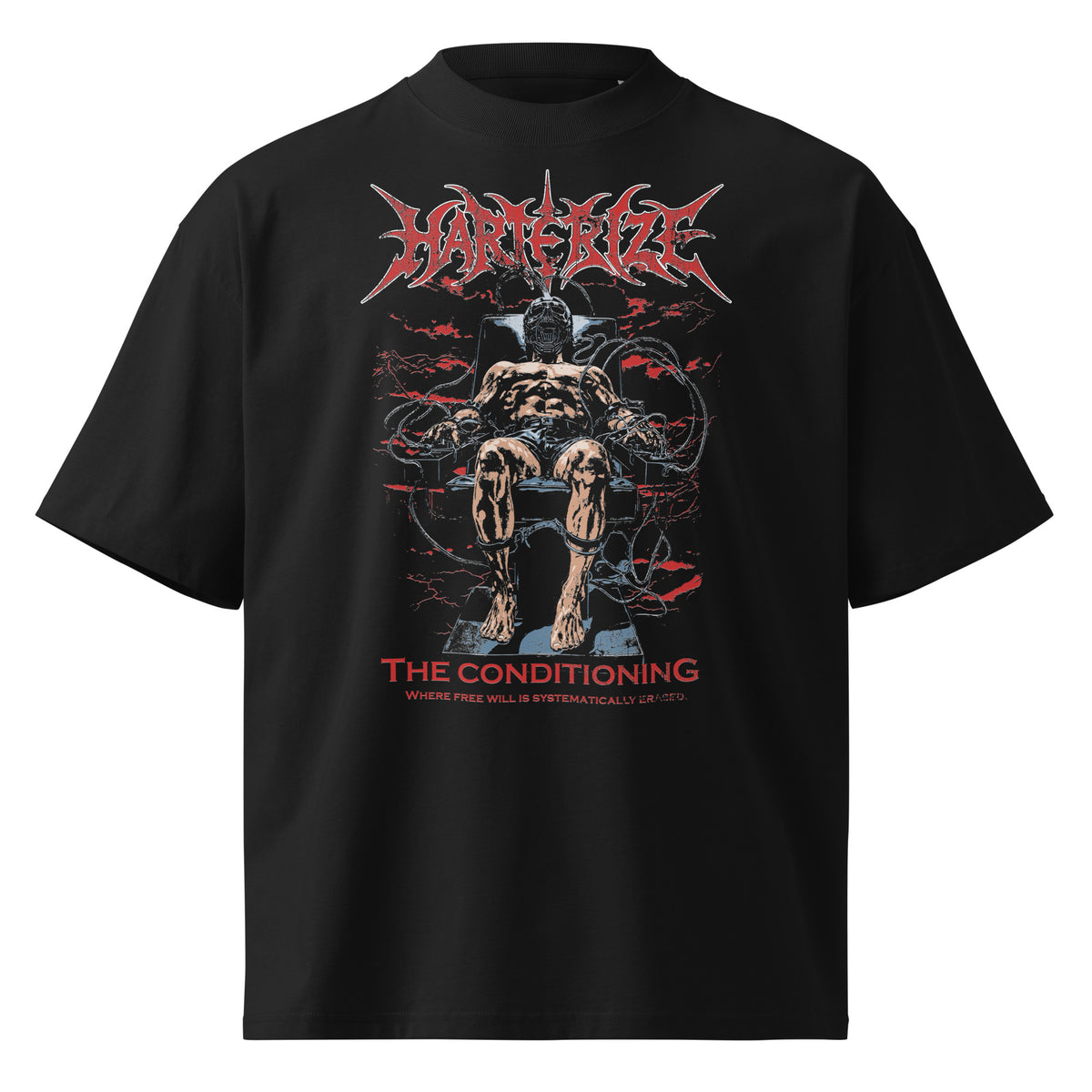 Conditioned black oversized T-shirt with heavy metal graphic - front view