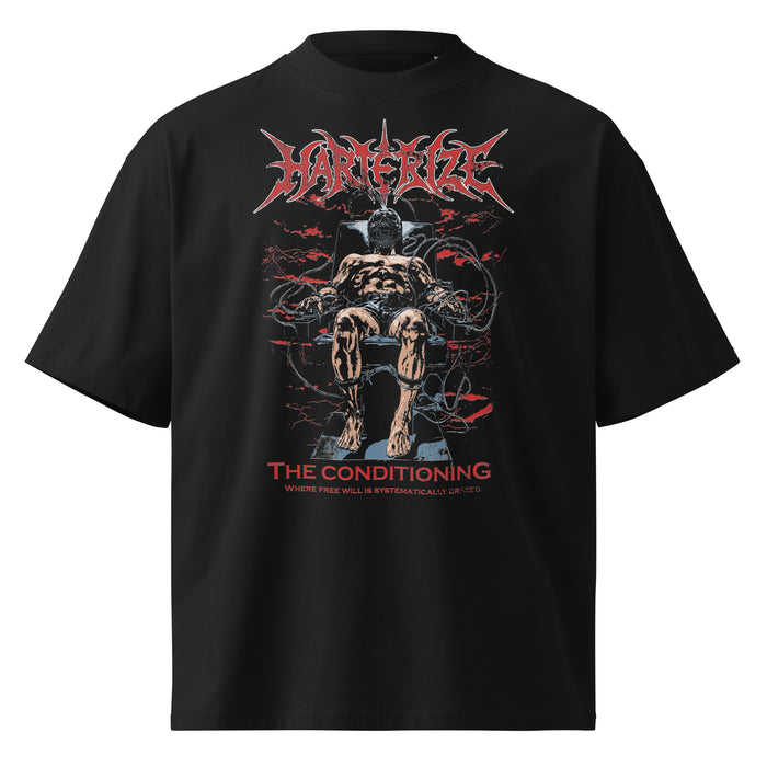 Conditioned black oversized T-shirt with heavy metal graphic - front view