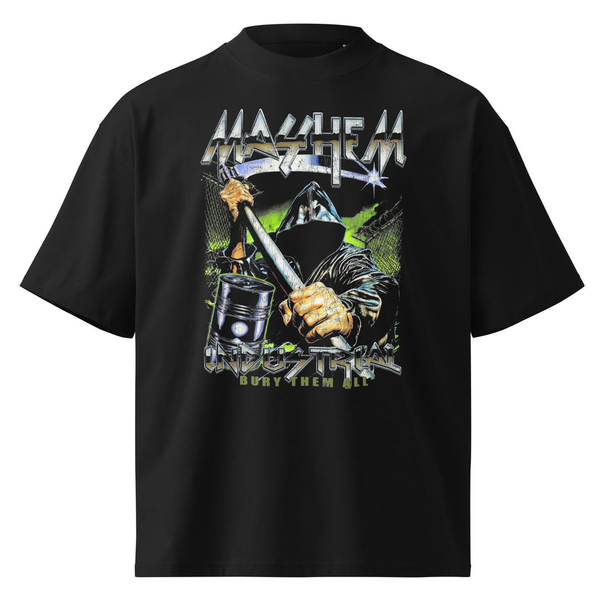 Mayhem Industrial black oversized T-shirt with horror graphic - front view