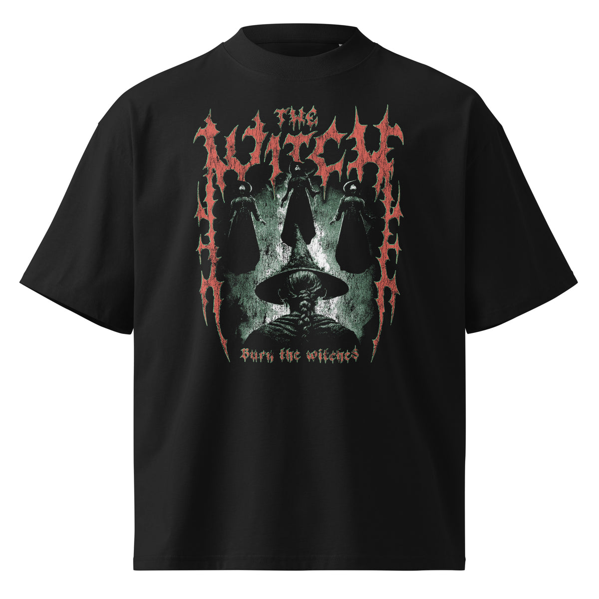 Burn the Witches black oversized T-shirt with heavy metal graphic - front view