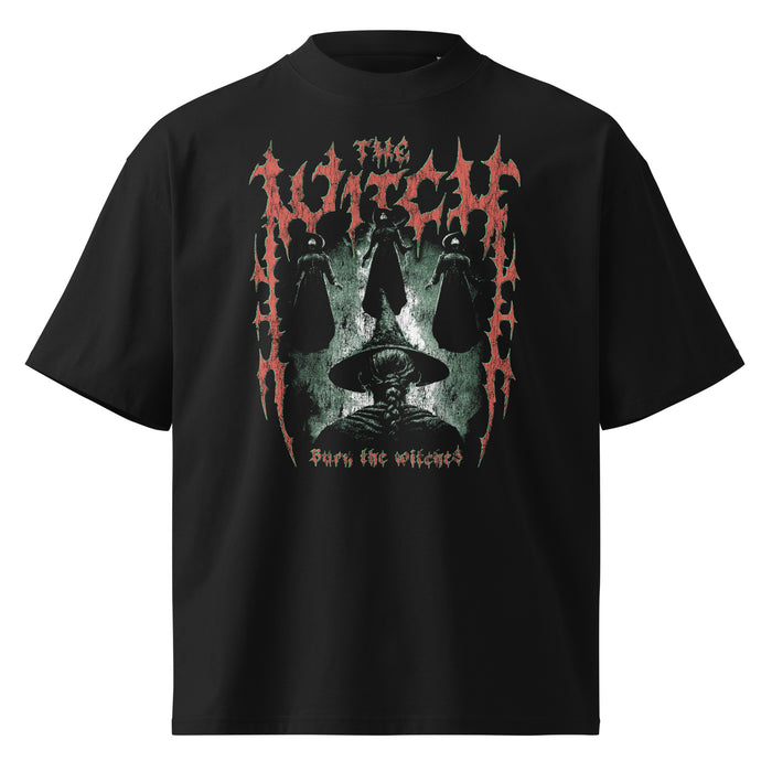 Burn the Witches black oversized T-shirt with heavy metal graphic - front view