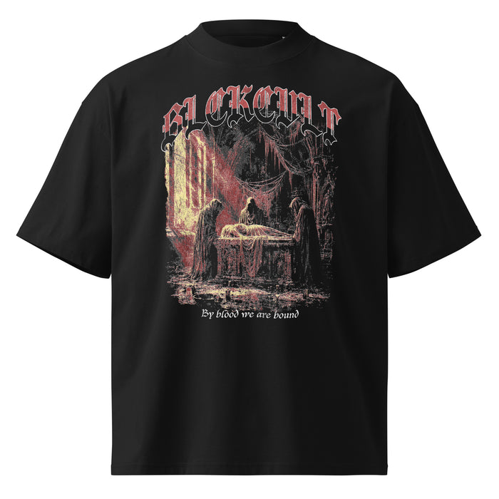 Blood Bound black oversized T-shirt with horror graphic - front view
