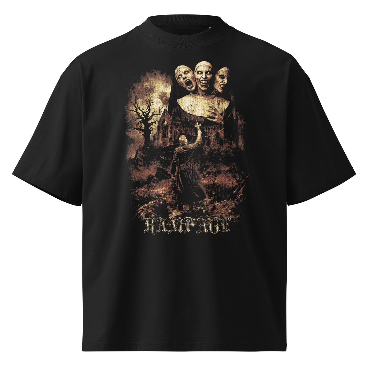 Haunted Trinity black oversized T-shirt with horror graphic - front view