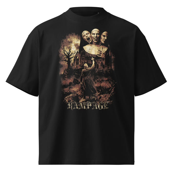 Haunted Trinity black oversized T-shirt with horror graphic - front view