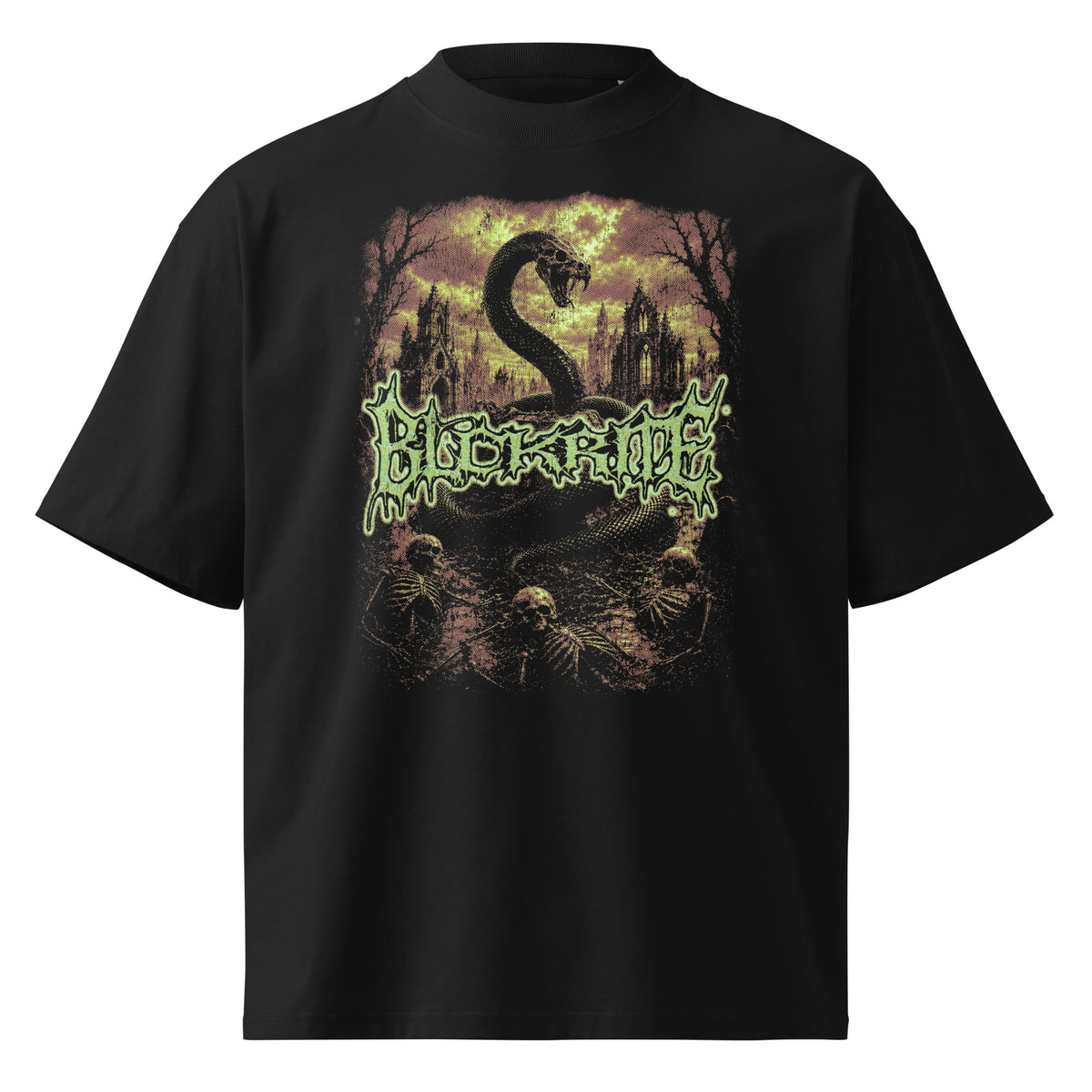 Serpent Cathedral black oversized T-shirt with heavy metal graphic - front view
