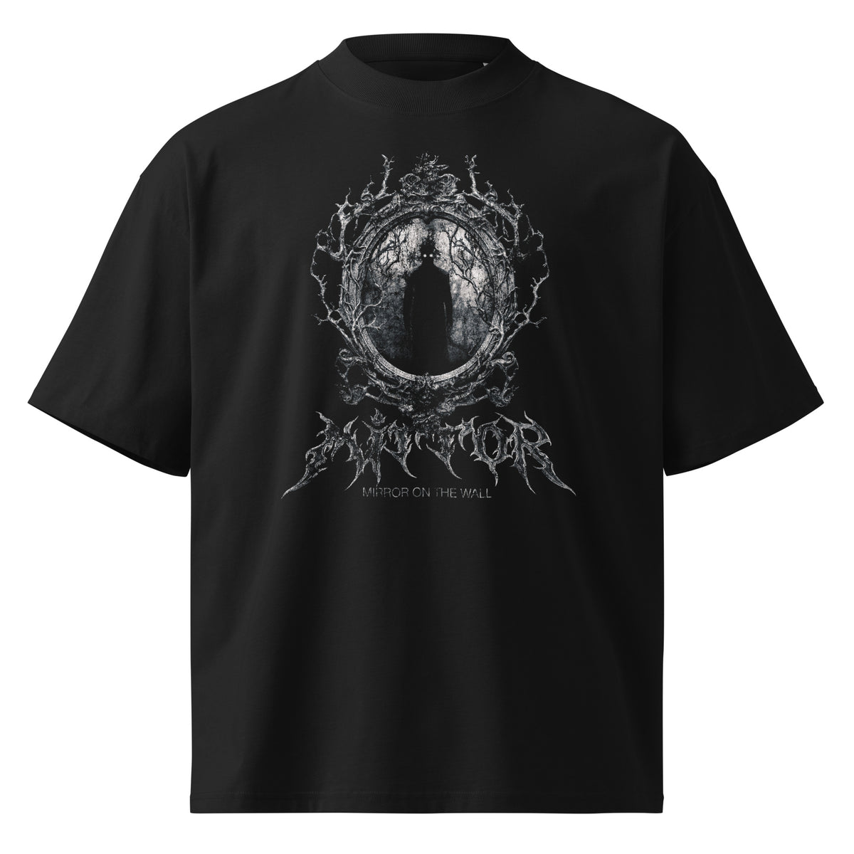Mirror black oversized T-shirt with horror graphic - front view