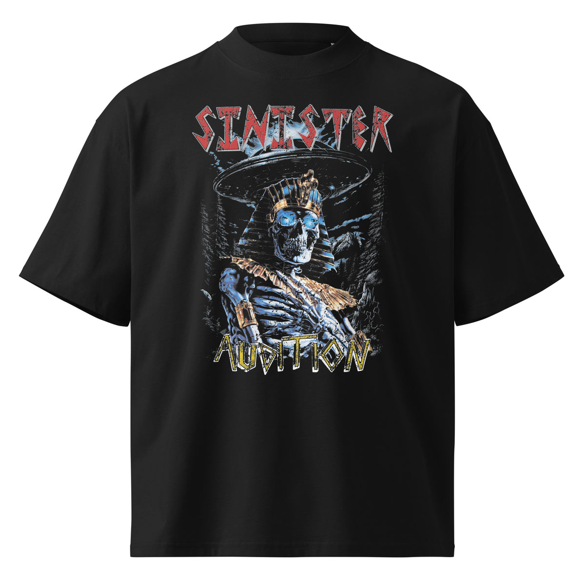 Sinister Audition black oversized T-shirt with heavy metal graphic - front view