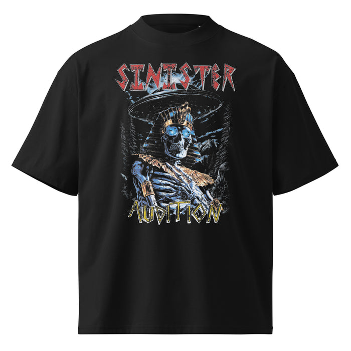 Sinister Audition black oversized T-shirt with heavy metal graphic - front view