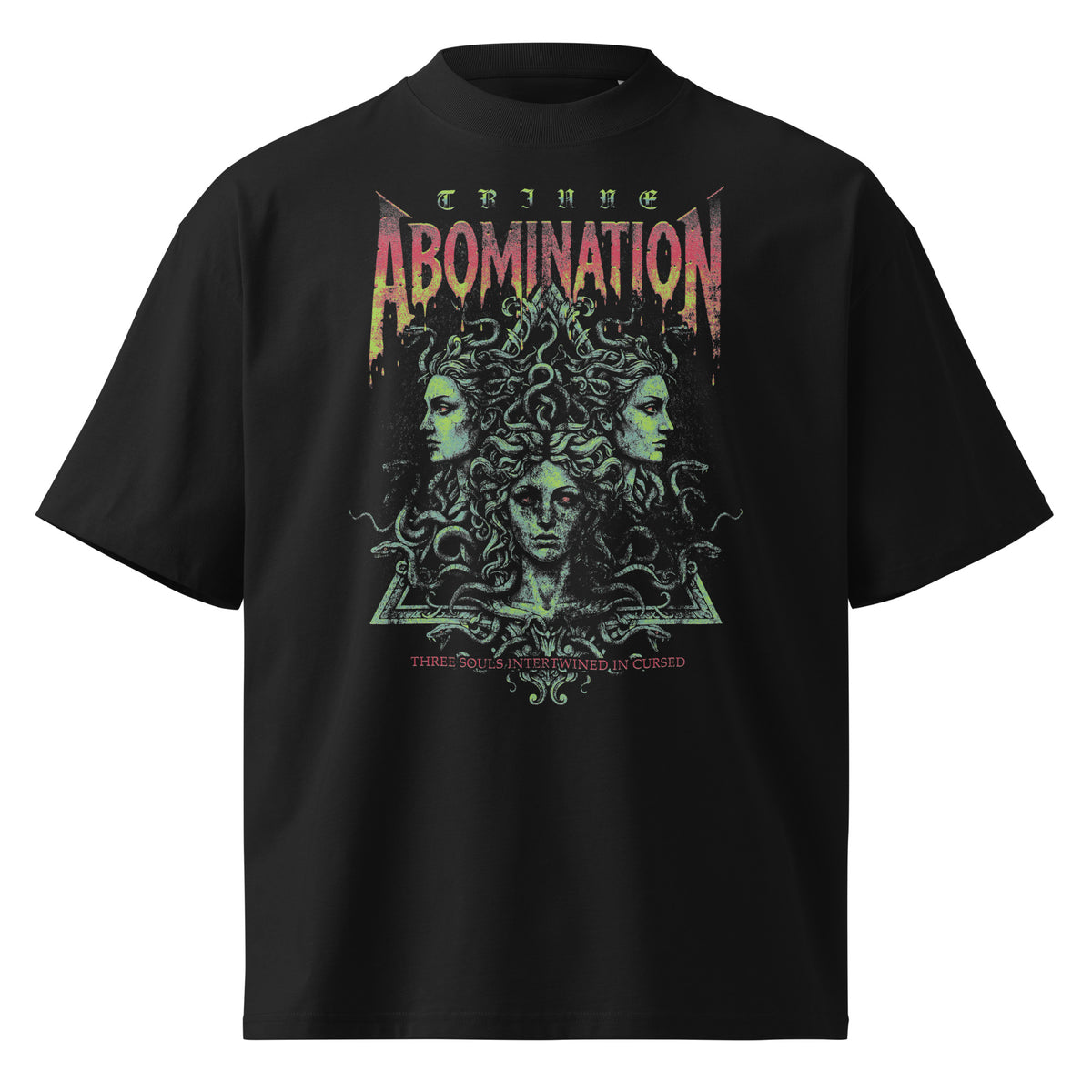 Abomination black oversized T-shirt with heavy metal graphic - front view