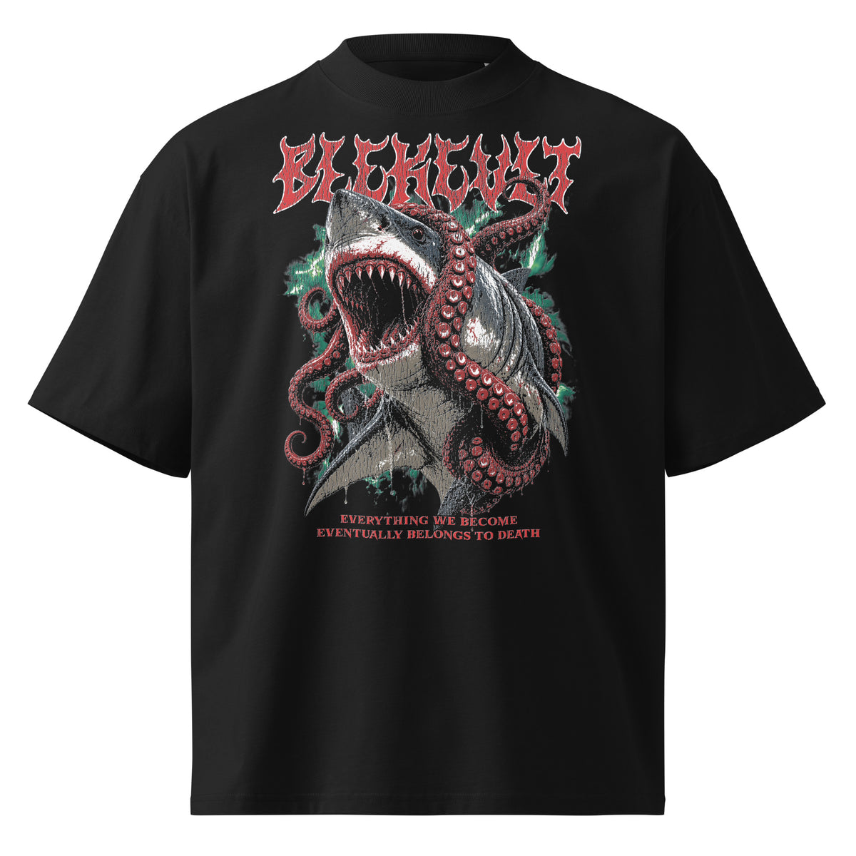Abyss Predator black oversized T-shirt with heavy metal graphic - front view