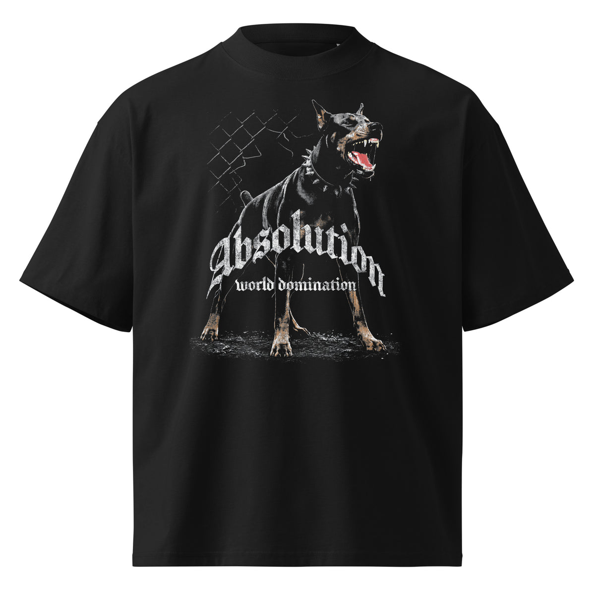 Absolution black oversized T-shirt with heavy metal graphic - front view