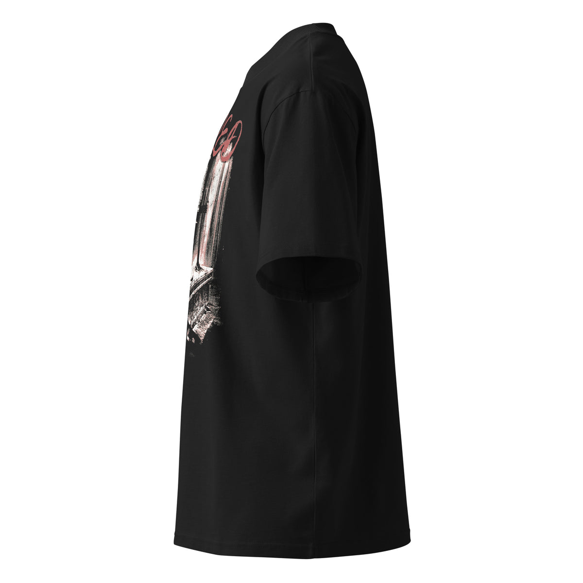 Sacred black oversized T-shirt with gothic graphic - left side view