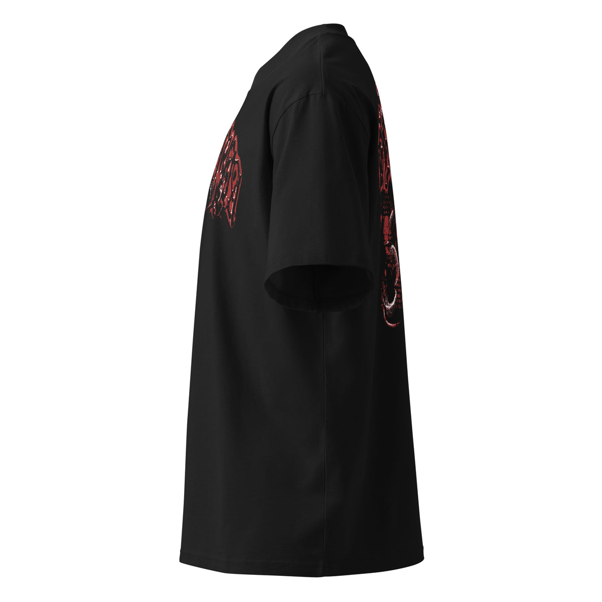 Dystopia black oversized T-shirt with gothic graphic - left side view