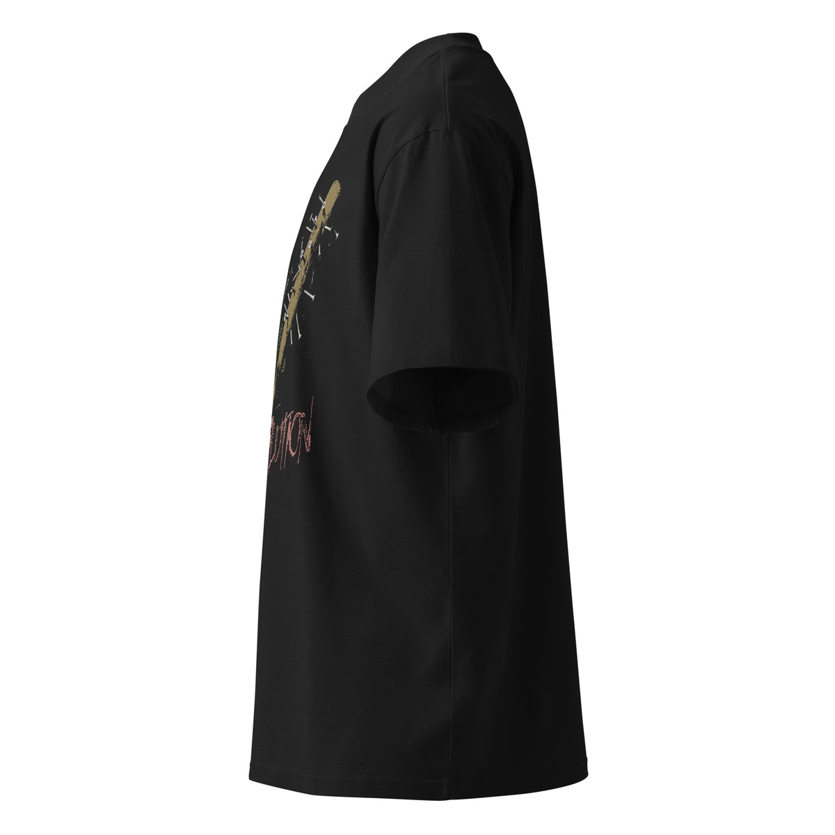 Absolution black oversized T-shirt with horror graphic - left side view
