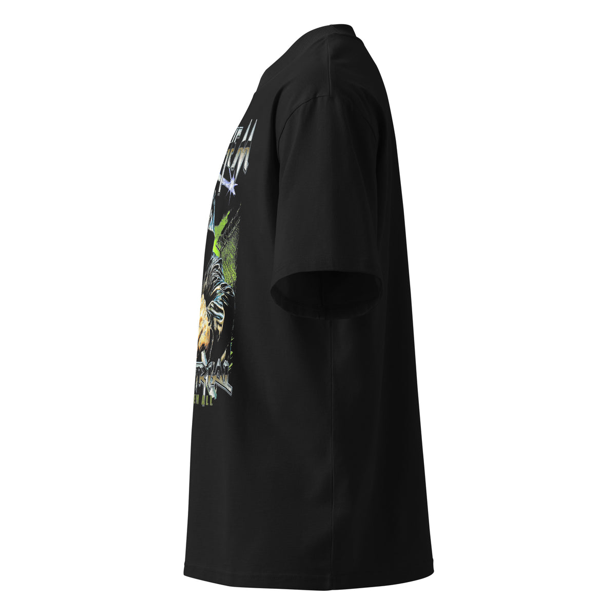 Mayhem Industrial black oversized T-shirt with horror graphic - left side view