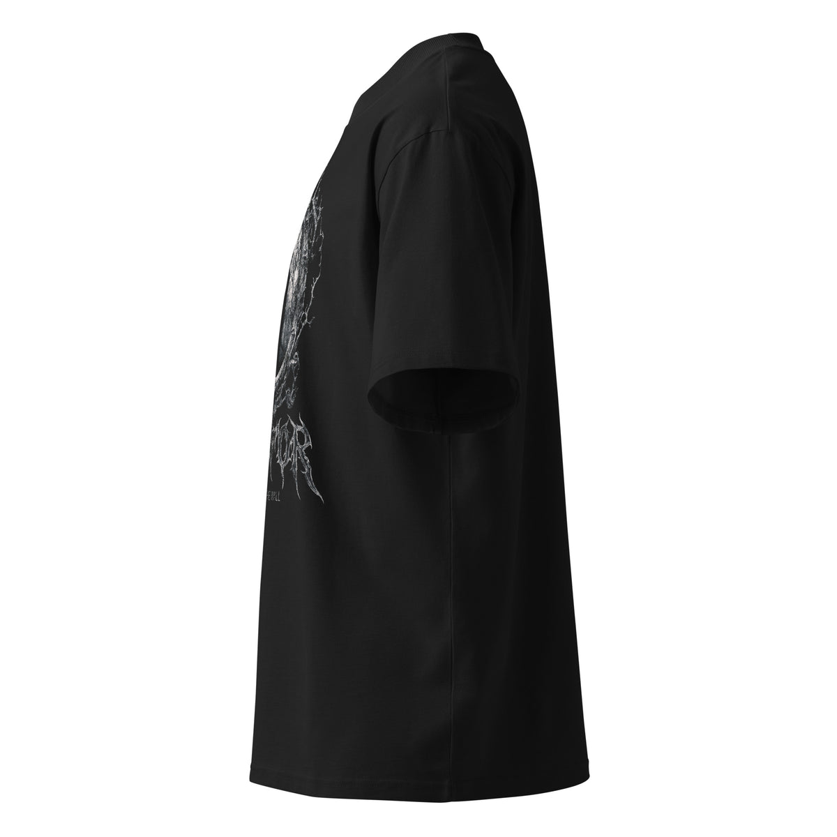 Mirror black oversized T-shirt with horror graphic - left side view