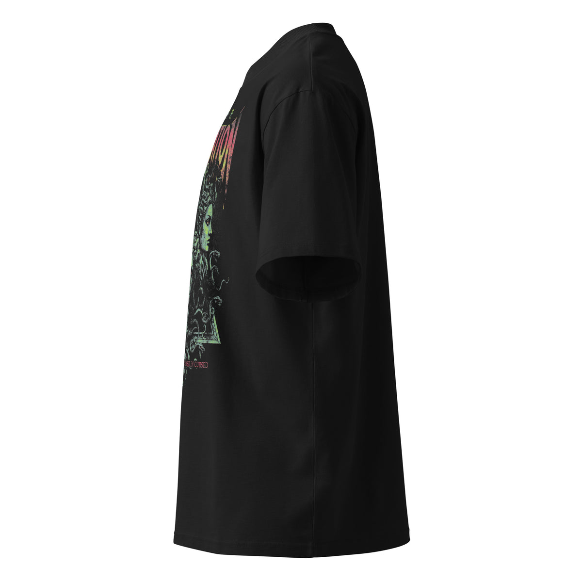Abomination black oversized T-shirt with heavy metal graphic - left side view