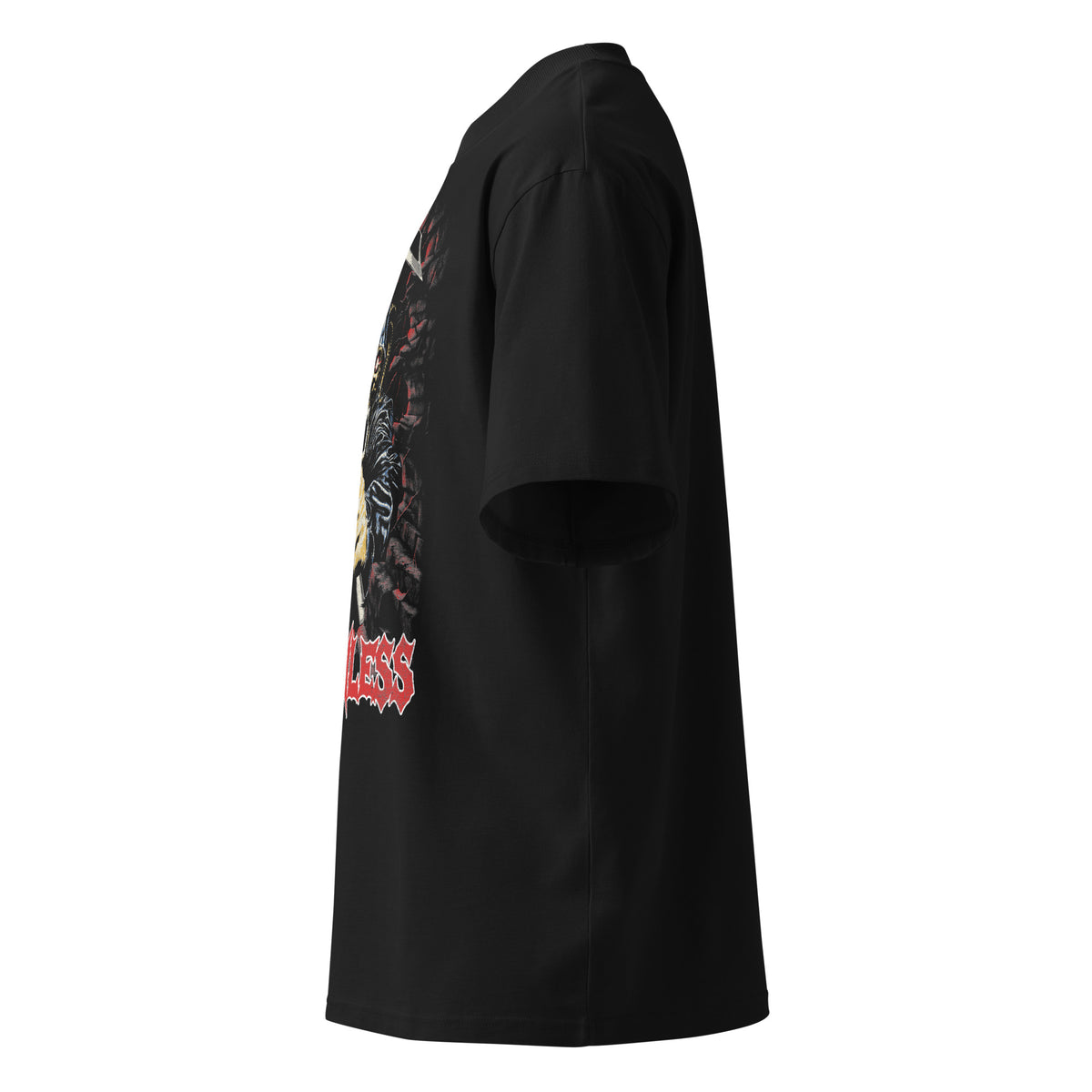 Deathless black oversized T-shirt with heavy metal graphic - left side view