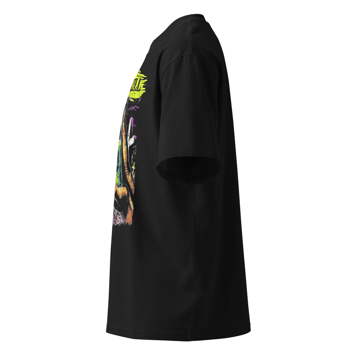 Overkill black oversized T-shirt with horror graphic - left side view