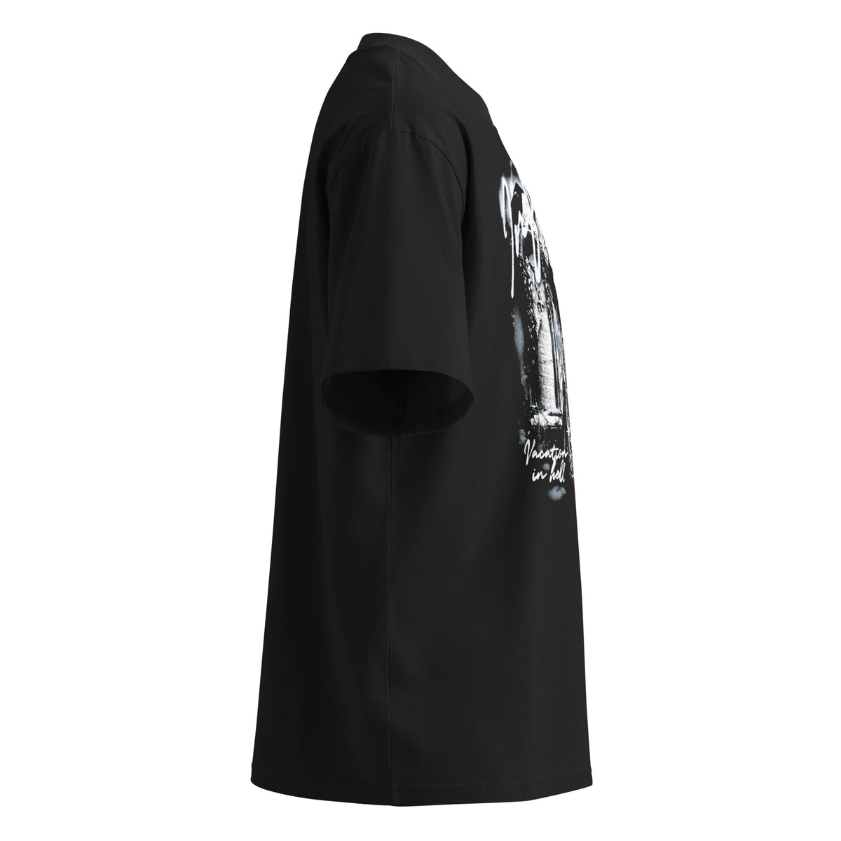 Vacation black oversized T-shirt with gothic graphic - right side view