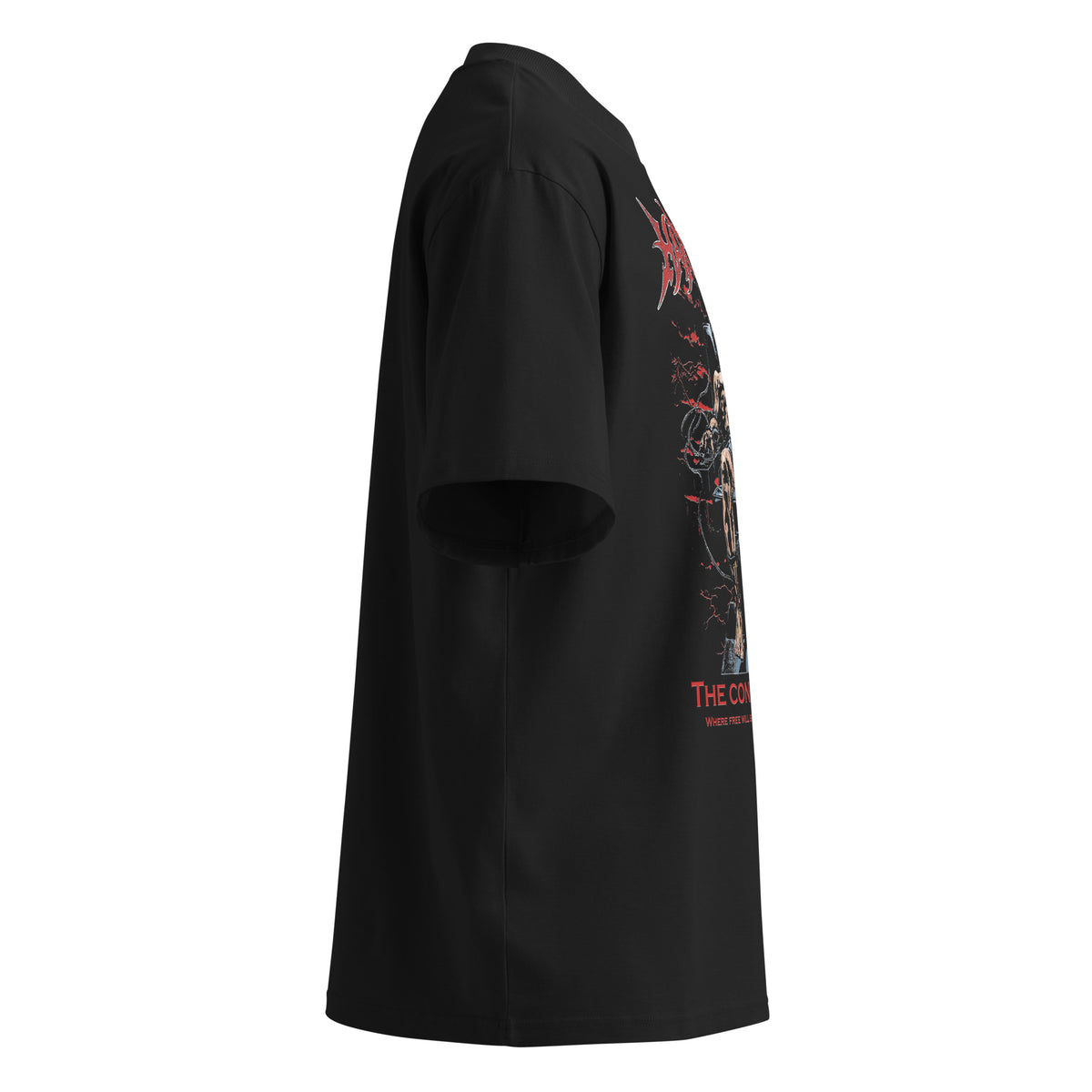 Conditioned black oversized T-shirt with heavy metal graphic - right side view