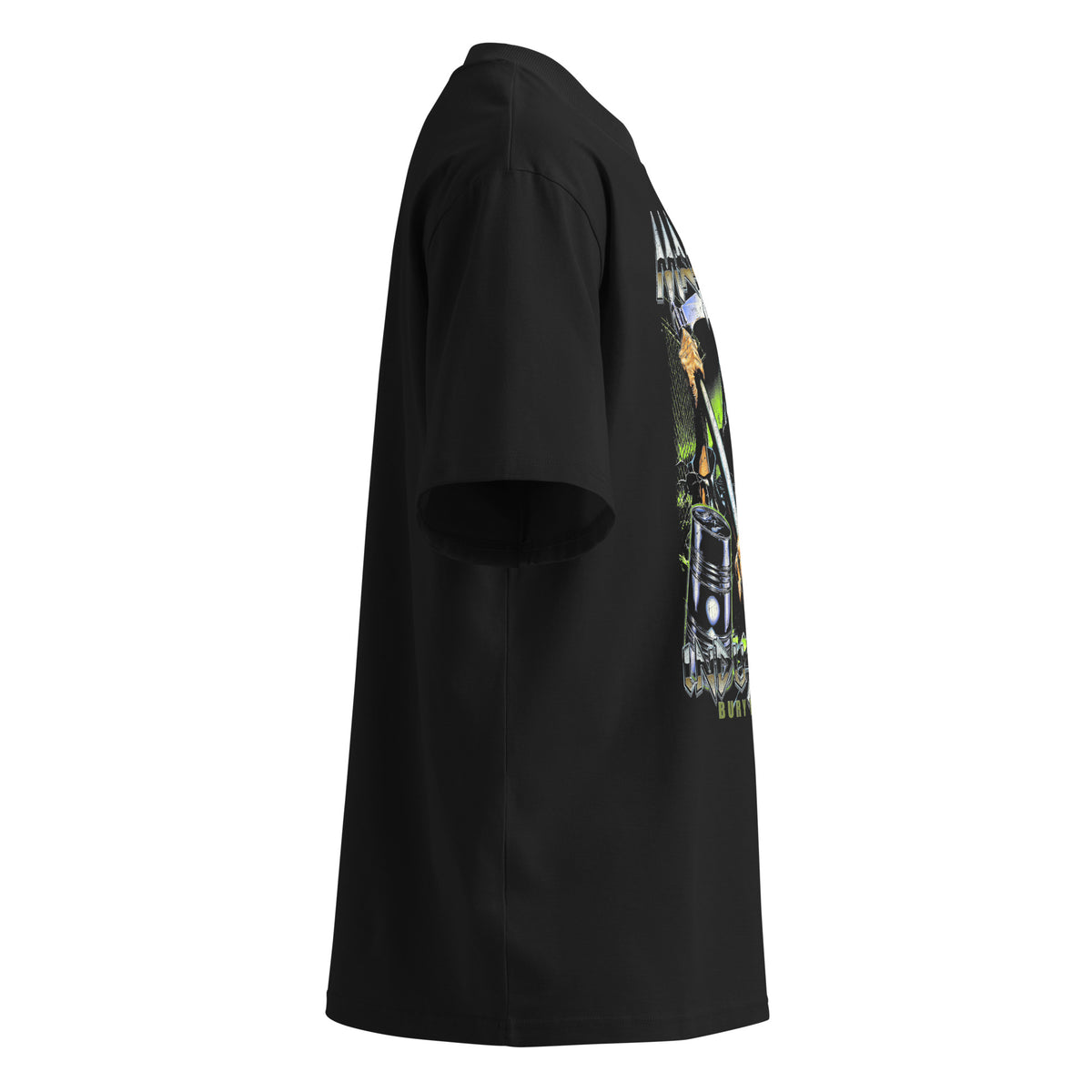 Mayhem Industrial black oversized T-shirt with horror graphic - right side view