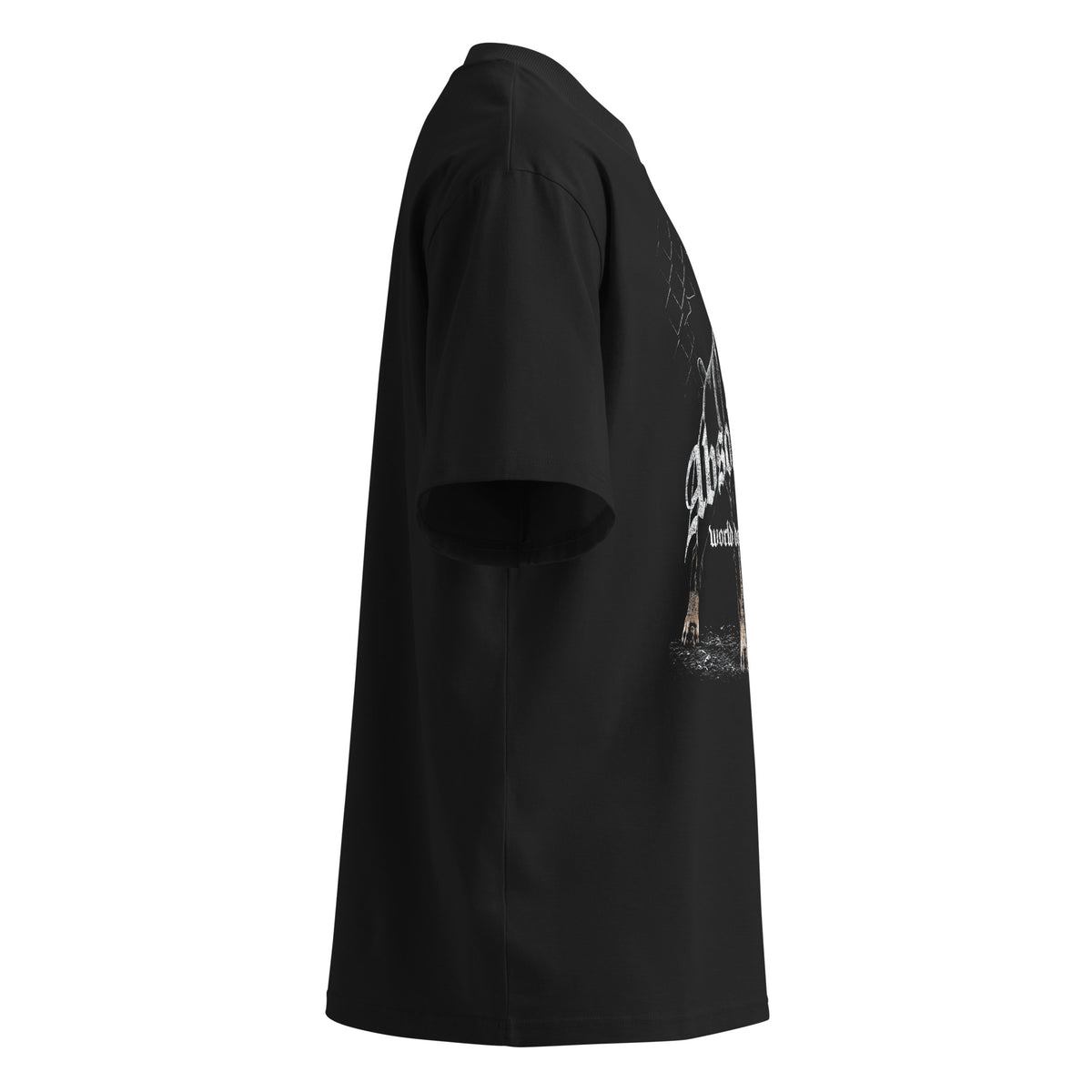Absolution black oversized T-shirt with heavy metal graphic - right side view
